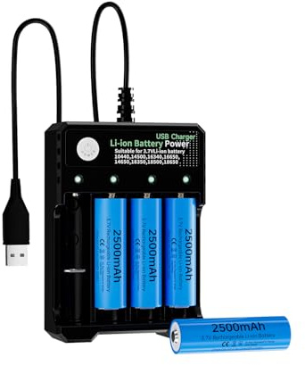 4-Slot 18650 Rechargeable Battery Charger Kit 4 pcs 2500mAh Real Capacity Button top, Universal 3.7V Li-ion Batteries Charger for 18650 26650 18500 14500(No Suitable for nimh and 1.5V Batteries)