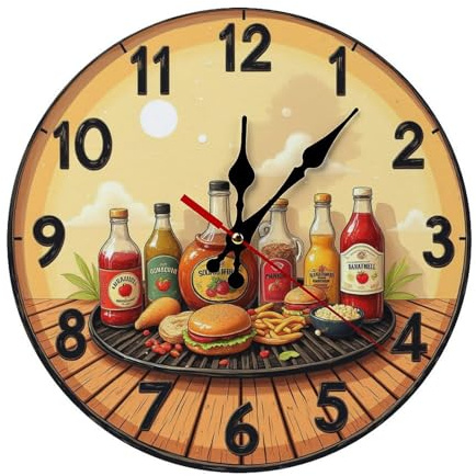 Mealtime Clock Featuring Grill and Food 10 Inch Silent Wall Clock,Frameless Wooden Round Clock with Quartz Movement for Bathroom, Kitchen, Living Room, Bedroom