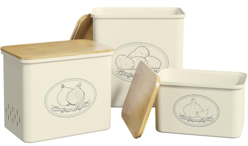Lifewit Potatis Förvaring, Förvaringslådor Kök, Stor Lök Förvaringsburk med Lock Ventilationshål, Stapelbara Plast Grönsaks Förvaringsburkar Kök, 24 cm(H), Beige, 3 Pack