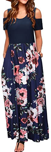 STYLEWORD Women's Summer Cold Shoulder Short Sleeve Maxi Dress Floral Print Elegant Long Dress with Pockets(Floral04,L)