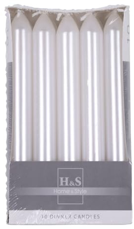 DONAU HOME Lot de 10 bougies à tige lisses laquées - Blanc métallisé - 17 x Ø 2 cm - Sans parfum - Cylindriques - Pour décoration dans le salon, la salle de bain - Durée de combustion : 6 heures