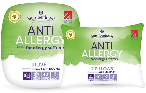 Slumberdown Anti Allergy Single Duvet - 10.5 Tog All Year Round Quilt Ideal for Summer & Winter, 2 Medium Support Pillows - Anti Bacterial, Soft Touch Cover, Machine Washable, Size (135cm x 200cm)