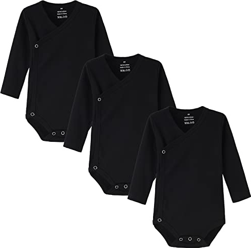 BINIDUCKLING 3 Pack Baby Long Sleeve Side Snap Bodysuit, 100% Cotton Baby Grows - Solid Baby Onesies for Boys Girls 6-9 Months, Black