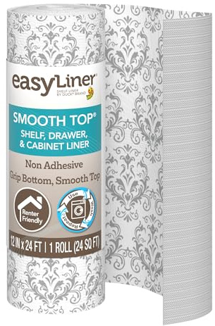 Smooth Top EasyLiner for Cabinets & Drawers - Easy to Install & Cut to Fit - Shelf Paper & Drawer Liner Non Adhesive - Non Slip Shelf Liner for Ktichen & Pantry - 12in. x 24ft. - Grey Damask