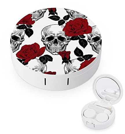 Skull And Roses Contact Lens Case Colored Goth Contact Lens Box Holder Container with Mirror Portable Eye Contact Holder Travel Kit with Lens Cleaner Solution Bottle Tweezers Outdoor Office Daily Use