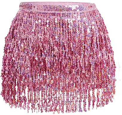 Belly Dance Hip Scarf Sequin Tassel Skirt Performance Outfits Sparkly Fringe Wrap Halloween Costume Party Rave Festival Rave Skirt for Women and Girls, Pink