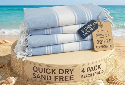 LANE LINEN Oversized Turkish Beach Towels – 4 Pack, 39x71 Cotton Rich & Quick Dry Travel Towels for Adults, Lightweight & Pre-Washed for Soft Feel, Sky Blue