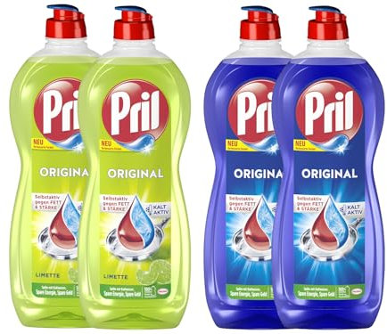 PRIL Original-Set 2x Limette & 2x Original, Handgeschirrspülmittel-Set mit höchster Fettlösekraft, für sauberes Geschirr auch in kaltem Wasser, 4x 675ml
