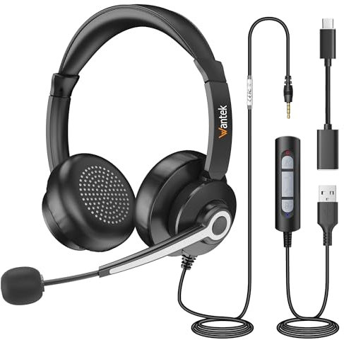 Wantek Auriculares con Cable, micrófono con cancelación de Ruido, Conector USB de 3,5 mm y Adaptador Tipo C para Ordenador, PC, portátiles, centros de Llamadas en casa, Oficina