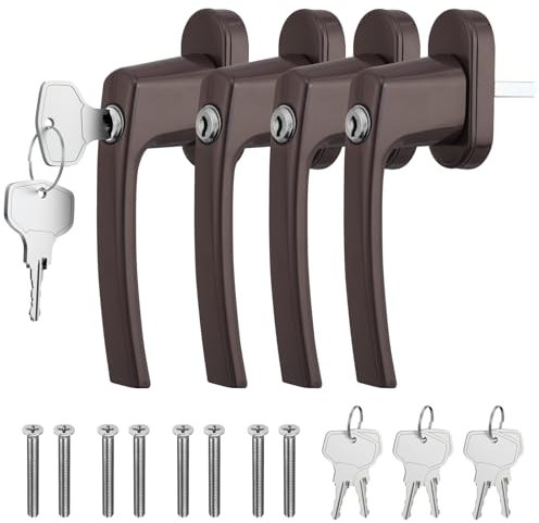 GETLITOOL Lot de 4 poignées de fenêtre verrouillables en Aluminium avec clés - Longueur de la Tige : 35 mm - Sécurité Enfant - pour Porte de fenêtre - Sécurité de la Maison - Marron