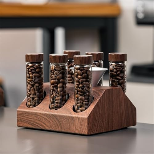RemixAst Coffee Bean Jars Canisters Coffee Storage Containers Walnut Solid Wood Base 12 Tubes Single Dose with Wooden Holder Coffee Bean Cellar Dosing Glass Vials With Lids Display Stand(6 Tubes)