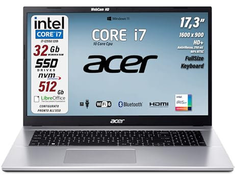 acer Notebook, Display 17,3, HD+ 1600x900, antiriflesso, CPU Intel Core i7-1255U 10Core, Ram 32 Gb, SSD 512 Gb PCIe NVMe, Wi-Fi 6, WebCam HD, Win 11, Garanzia Italia - Pronto all'Uso