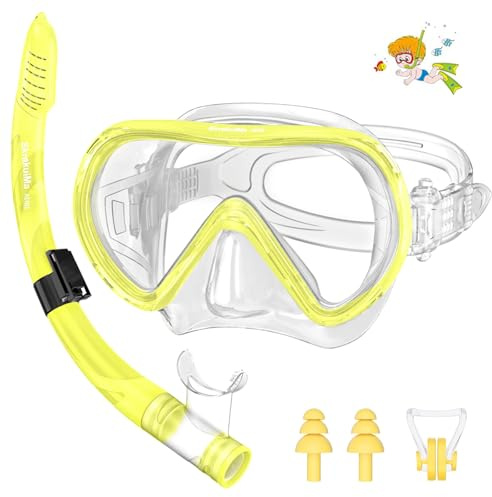 Masque de Plongée Enfant pour 4 à 14 Ans, Ensemble Masque Snorkeling et Tuba Pliable pour Plongée en Apnée, Lunette Plongée Enfant avec Lentille en Verre Trempé Anti-Buée et Anti-Fuite