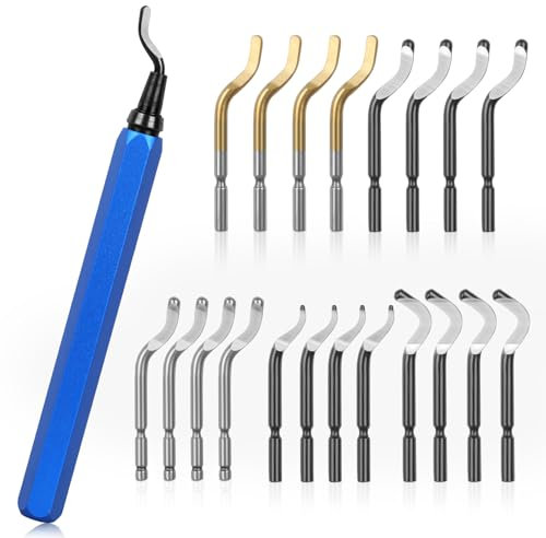KOMABLEN 21 Stück Entgrater Metall Werkzeug Universal, Handentgrater mit 20 Schnellarbeitsstahl Klingen, 360°Rotierender Deburring Tool 3d Drucker Zubehör für Kunststoff, Aluminium, Edelstahl