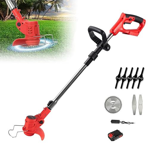Desbrozadora eléctrica inalámbrica de 21 V, corte borde inalámbrico con batería, desbrozadora con 3 tipos de cuchillas, mango telescópico, para jardín, césped, granja (1 batería)
