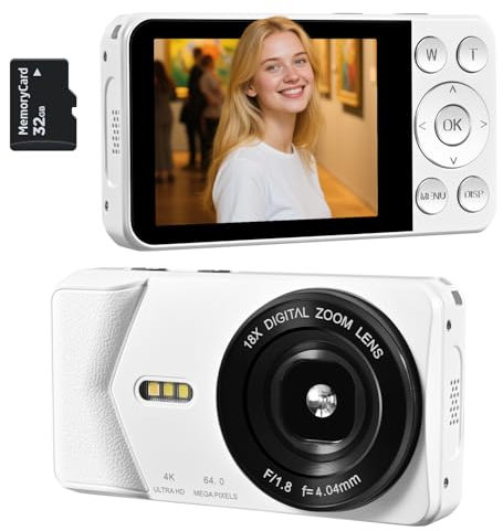 4K UHD Digital Camera, 64MP Autofocus Vlogging Camera 18X Zoom, Compact Digital Point and Shoot Camera with Anti-Shake&Built-in Battery, Small Travel Camera for Adult Beginners Teens, 32GB Card