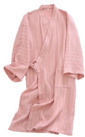 Cotton Gauze Kimono Robes for Women Men Lightweight Yukata Spa Sauna Bathrobe Sleepwear Japanese Pajama Nightgown (Women-Pink,Large)