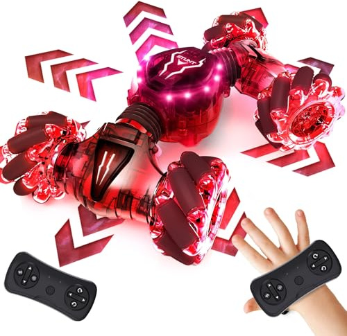 Tecnock - Coche de control remoto para niños y niñas, 2.4GHz 4WD con detección de gestos, juguete de acrobacias RC - 360° de rotación doble cara, control remoto a mano, coches RC con luces LED