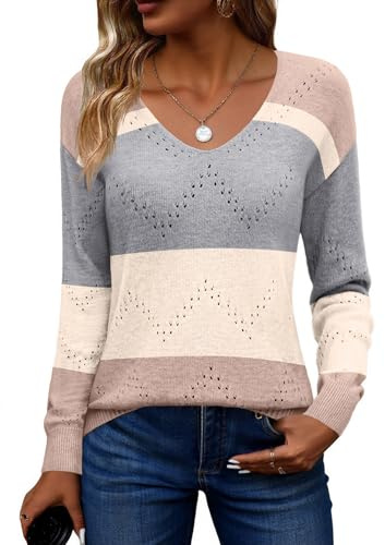 Zeagoo Pull Femme Élégant Pull à Col en V Automne Pull en Crochet Manches Longues Mode Pull Uni Décontracté Hauts S-XXL