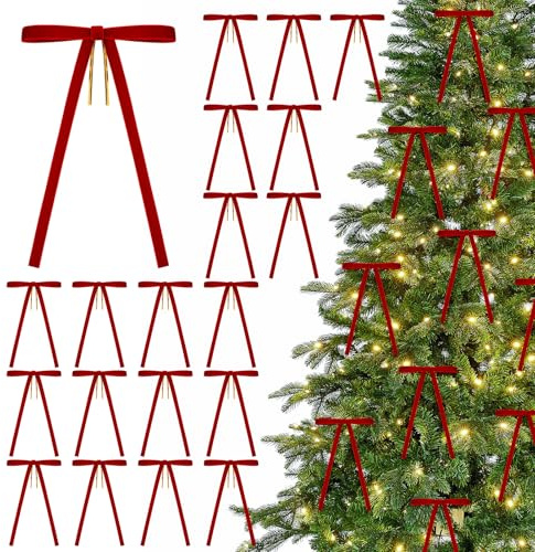 G2PLUS 24pcs Fiocchi di Natale in Velluto: Fiocchetti Rosso Regalo 13x18 cm con filo 15 cm, per Albero di Natale, Confezioni Regalo e Decorazioni Matrimoni