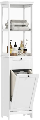 HOMCOM Tall Bathroom Cabinet, Slim Bathroom Storage Unit with Removable Laundry Basket, Tilt-Out Laundry Cabinet, 2 Open Shelves and Drawer, 40 x 30 x 165 cm, White