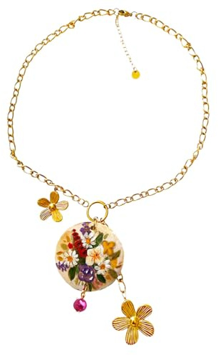 Handmålat hänge halsband - engelska blommor - handmålat hänge halsband, handmålad trämedalj, elegant träsmycke helt målat hantverk