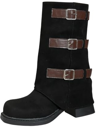 Generisch Bottines tendance à lanières, talon bas, mi-mollet, bottes confortables et décontractées à enfiler avec fermeture éclair latérale pour le quotidien et les promenades en plein air, Noir , 40