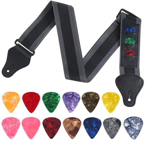 QFGasre Gitarrrem gitarrtillbehör justerbar rem med 1 plektrumhållare 30 st plektrum akustiska elektriska gitarrer tillgängliga för alla gitarrer bas elektrisk akustisk lätt att installera svart
