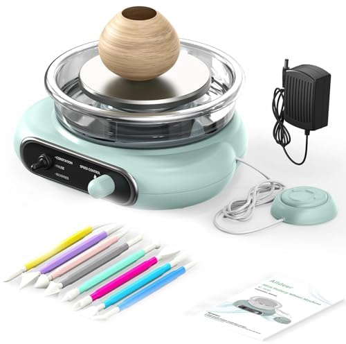 HTDRE Tour de potier électrique, Roue en Argile de 12 cm avec pédale, Vitesse réglable en continu, Rotation bidirectionnelle, Comprend 8 Outils en Plastique, kit de poterie DIY pour débutants
