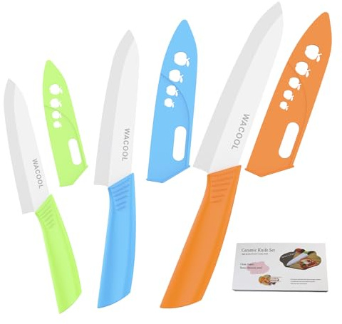WACOOL Ceramic Knife Set 3-Piece (6-inch Chef's Knife, 5-inch Utility Knife,4-inch Fruit Paring Knife), with 3 Knife Sheaths for Each Blade (Colorful Handle)