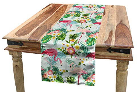 ABAKUHAUS Flamingo Tischläufer, Frischer exotischer Dschungel, Esszimmer Küche Rechteckiger Dekorativer Tischläufer, 40 x 300 cm, Grün Rosa