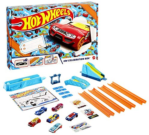 Hot Wheels GWN96 - Celebration Box Vollständiges Starterset mit 6 Fahrzeugen, Tracks und Rampen, Spielzeug Autorennbahn ab 4 Jahren
