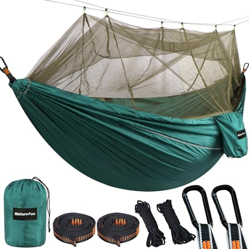 NatureFun Mosquitero Hamaca Ultra Ligera para Viaje y Camping | 300kg de Capacidad de Carga,Transpirable, Nylon de Paracaídas de Secado Rápido | 2 x Mosquetones Premium,4 x Correas de Nylon Incluidas