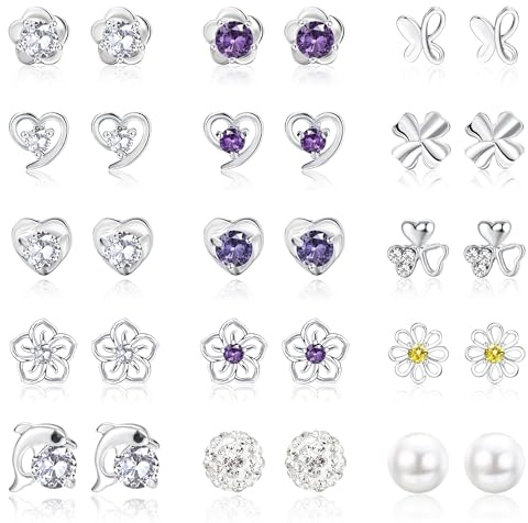 CASSIECA 15 Pares Pendientes de Plata de Ley 925 para Mujer Niña Circonita Cúbica Pendientes Forma de Flor Mariposa Corazón Perla