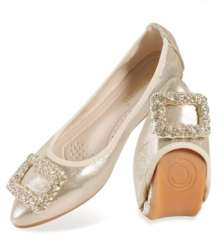 MACHSWON Ballerines plates pour femme avec strass scintillants - Pliables, portables et confortables - Chaussures de marche plates, doré, 39 EU