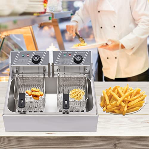 RibasuBB Friteuse en acier inoxydable double 2 x 6 l zone froide 2500 W professionnelle friteuse électrique professionnelle profonde pour restaurants rapides snackbars frites frite