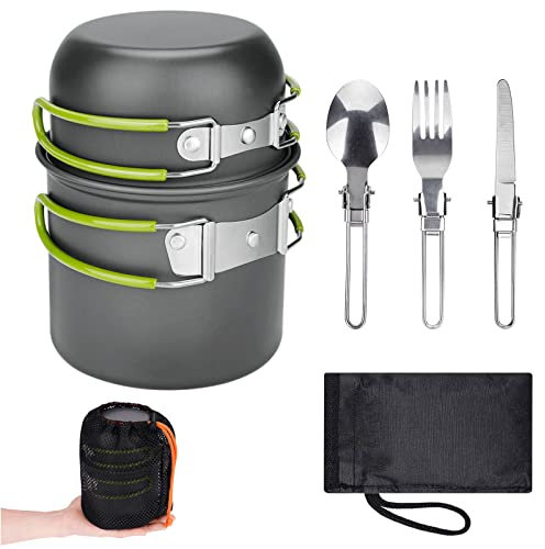 ERBO Camping Kochgeschirr Set, Camping Topf aus Aluminium, Outdoor Kochgeschirr mit Faltbare Besteck, Campinggeschirr 2 Personen, Camping Geschirr für Wandern Angeln Picknick (Grün)
