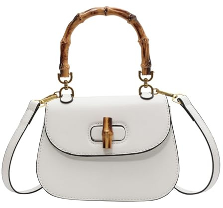 Women's Leather Tote Handbags,Bamboo Shaped Top Handle Satchel Crossbody Bag Vintage Shoulder Bag (White)