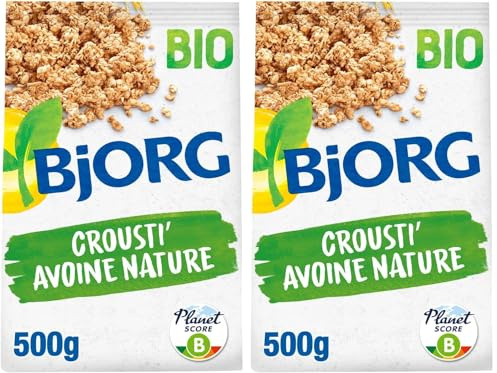 BJORG - Céréales Bio Crousti' Avoine Nature - Aux Céréales Complètes - Sans Huile de Palme - Riche en Fibres - Réduit en Sucres - Sachet de 500 g