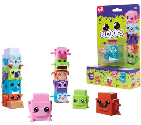 Simba 105952627 - Bloxies Samlarfigurer, 4-pack - Simba Toys Bloxies 4-Pack Stapelbara Samlarfigurer med Tryckfunktion, Samla alla 18 Figurer, 4,5 cm, Från 3 år, Slumpmässigt Urval