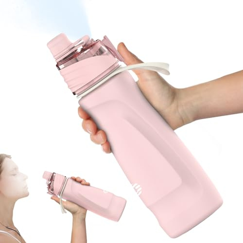 CUPYUOOU Misting Water Bottle, 24oz Insulated Water Bottle, 2-in-1 Mist & Sip Stainless Steel Water Bottles, Sports Water Bottle for Hiking, Running, Gym (Light Pink)