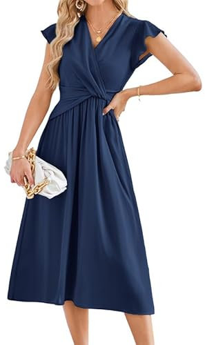 JASAMBAC Summer Dresses for Women UK - Chiffon Maxi Dress with Flutter Sleeves, Ruched Wrap A-Line Design, Perfect for Wedding Guests and Casual Wear in Navy Blue