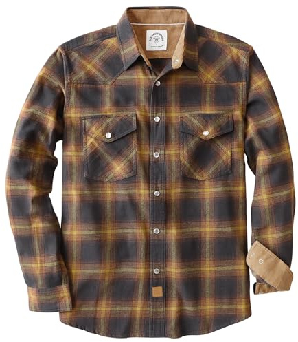 Dubinik® 6 oz Camisa Franela Hombre Western Vaquero Cuadros Camisas Manga Larga Camisa con Botones De Perlas Regular Fit Amarillo Claro Y Marrón Oscuro L