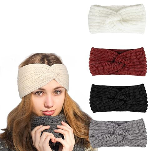 4 Stück Stirnband Damen Winter,Winter Warm Strick Stirnband,Elastische Gestrickte Gehörschutz Kopfbedeckung,Verdicken Stirnbänder Mädchen,für Herbst und Winter Outdoor-Sportarten Ohrenwärmer Headwrap