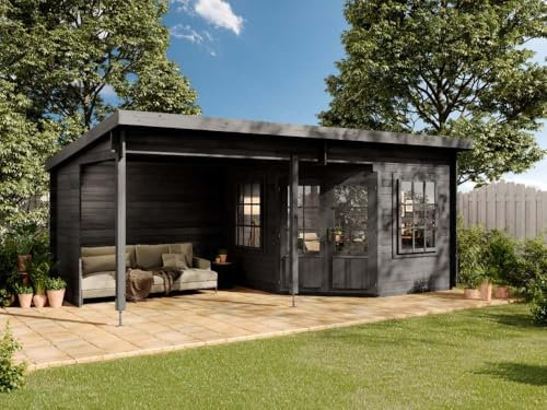 Alpholz Gartenhaus Modell Carl-28 Gartenhaus aus Holz in Grau, Holzhaus mit 28 mm Wandstärke inklusive Terrasse Blockbohlenhaus