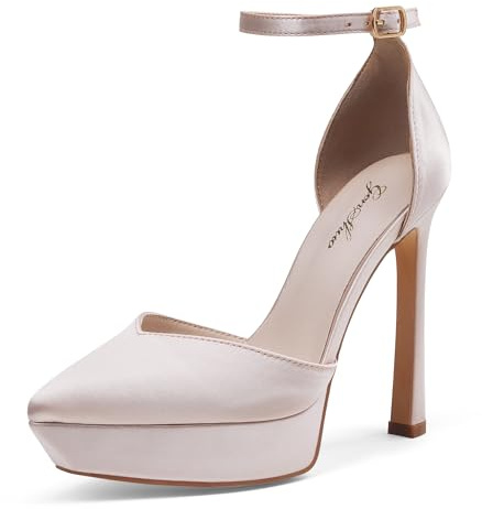 GENSHUO Damplatåpumps 13 cm/5,12 tum stilett klackar rempump sexig spets höga klackar med ankelremmar stängda högklackade skor för fest bal, nuderosa satin, 41 EU
