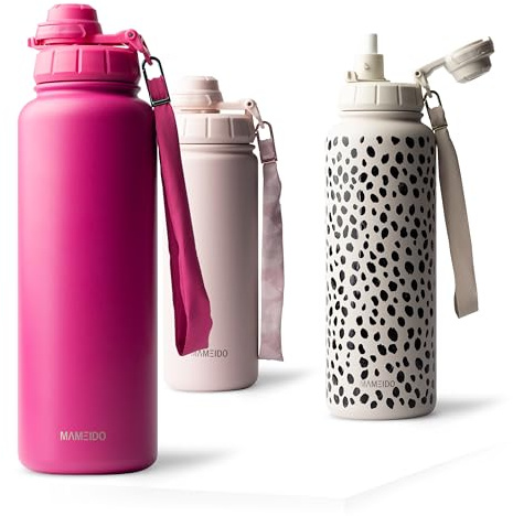 MAMEIDO Thermosflasche mit Strohhalm 700 ml, auslaufsichere Trinkflasche Edelstahl isoliert, Wasserflasche mit Trageschlaufe, Isolierflasche BPA-frei (Glow Couture)