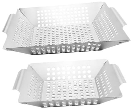 2 cestas de parrilla de barbacoa, parrillas portátiles para cocinar al aire libre, cesta de parrilla de verduras para parrilla de campamento 430 plata