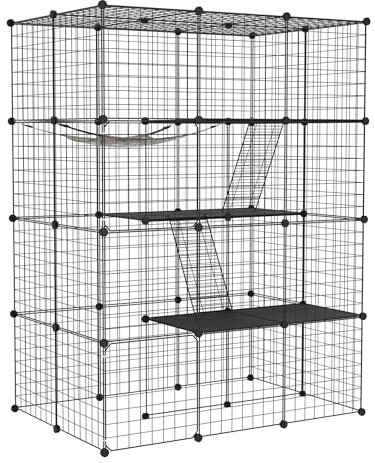 FIVMEN Gabbia grande a 4 piani in metallo con 2 scale e 1 amaca, recinto fai da te per esterni, recinto esterno rimovibile, gatto beccuccio per piccoli animali, 110 x 74 x