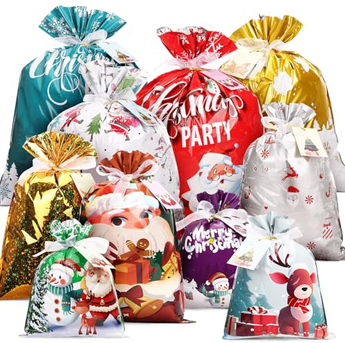 GWHOLE 20 stycken presentpåsar jul presentpåsar folie julpåsar med dragsko julklappspåsar julklappspåsar julklappspåse julklappspåse julklappspåsar väska för fyllning, 4 storlekar